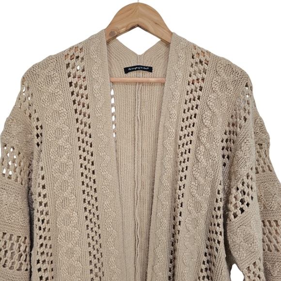 Do Everything In Love Tan Boho Crochet Knit Open Front Fringe Kimono Cardigan OS - Picture 5 of 10
